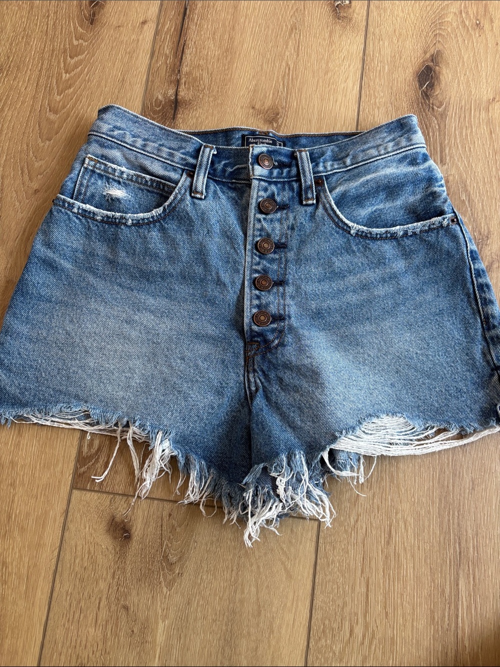 Abercrombie & Fitch High-Rise Distressed Blue Denim Shorts